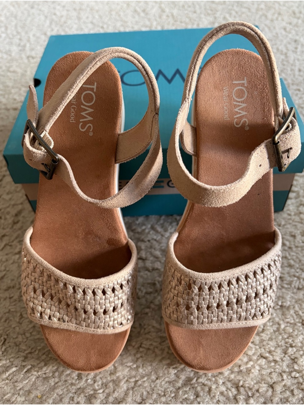 TOMS Beige Woven Suede Ankle Strap Heels